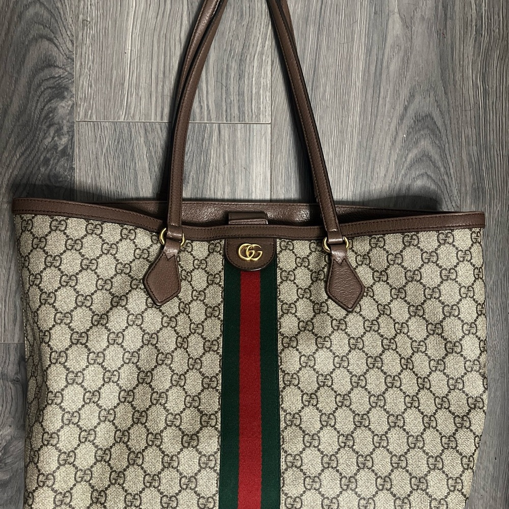 Gucci Brown GG Canvas Tote with Signature Green-Red Stripe